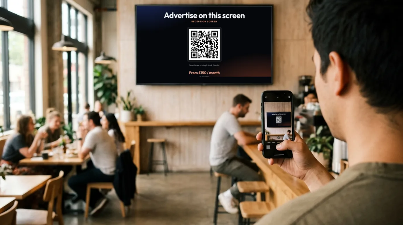In a café, a person holds up a phone to scan the QR code on a wall TV. The TV shows the NowBoard Advertise Here Board, which invites people to book the screen.