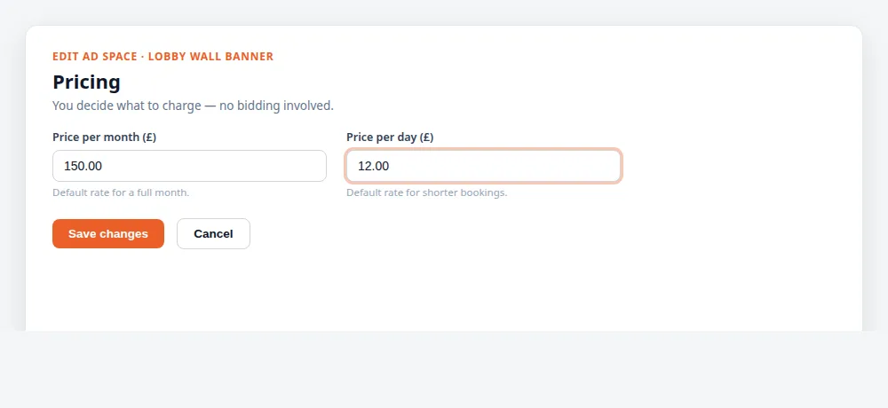 Ad space pricing fields set to a price per month and a price per day