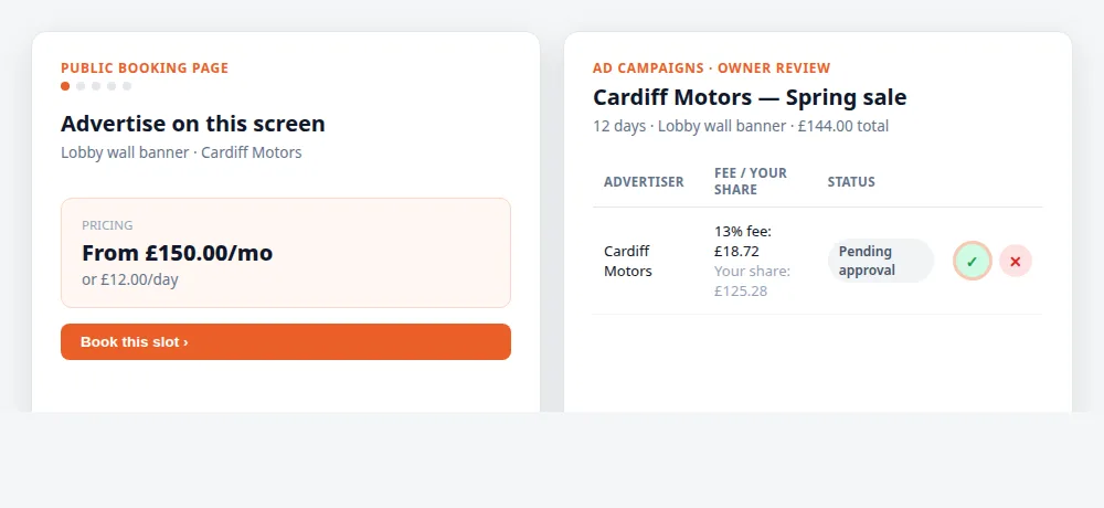 The public booking page next to the owner's ad campaigns list, with approve and reject actions on a pending booking