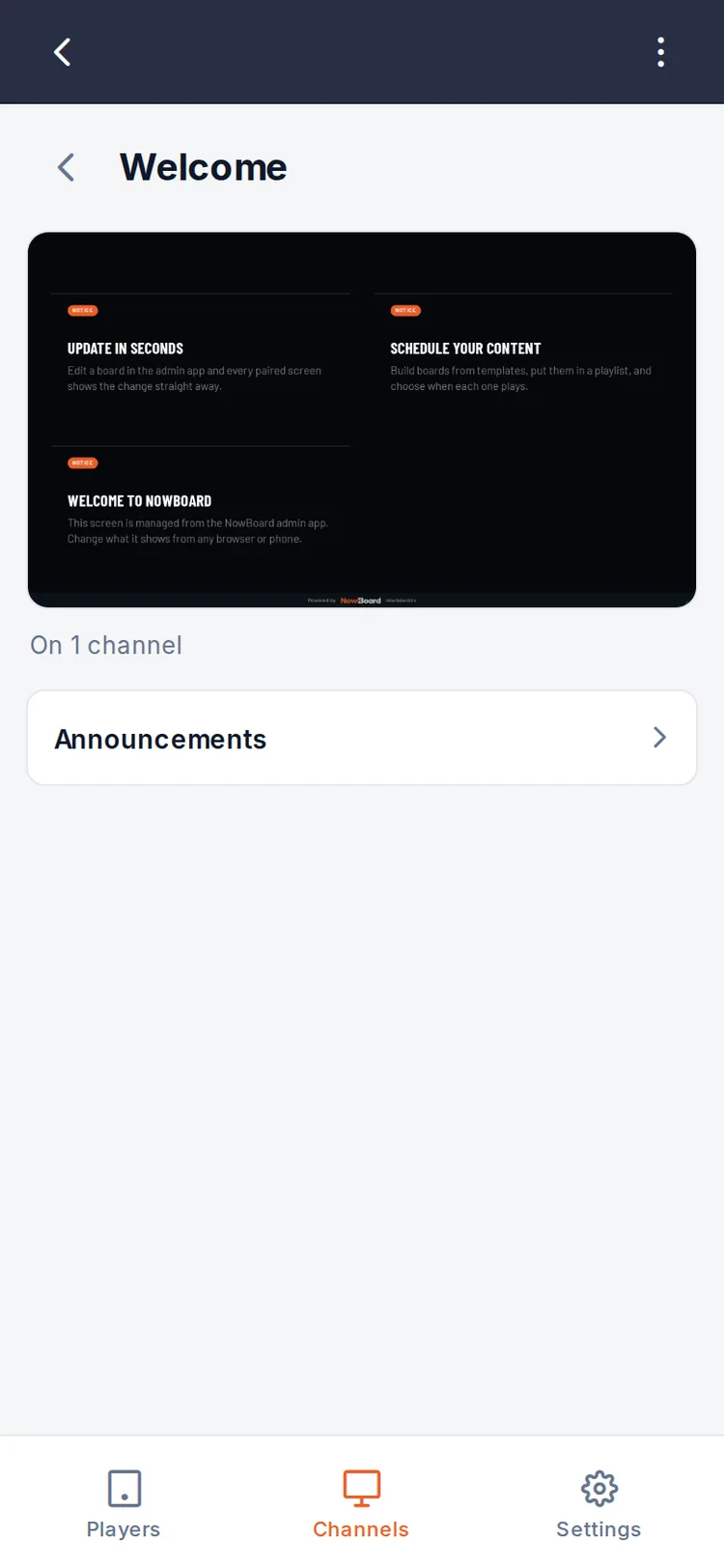 A Board open in the NowBoard phone app, with its preview and the content it uses