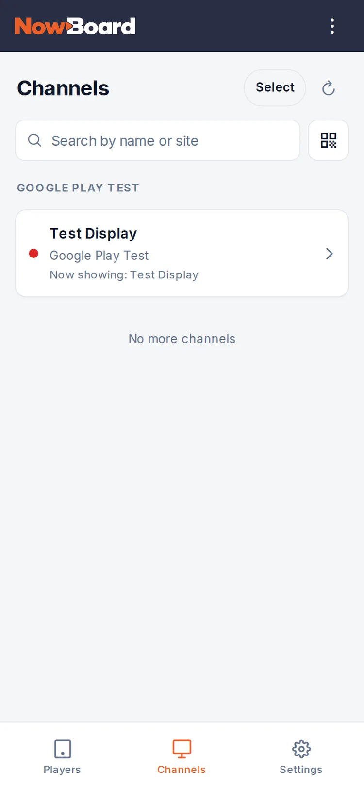 Channels list in the NowBoard phone app, grouped by site, with the status of each Channel and what it is showing