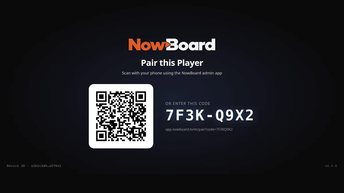 A NowBoard Player Pro's pairing screen, showing a QR code and an 8-character code