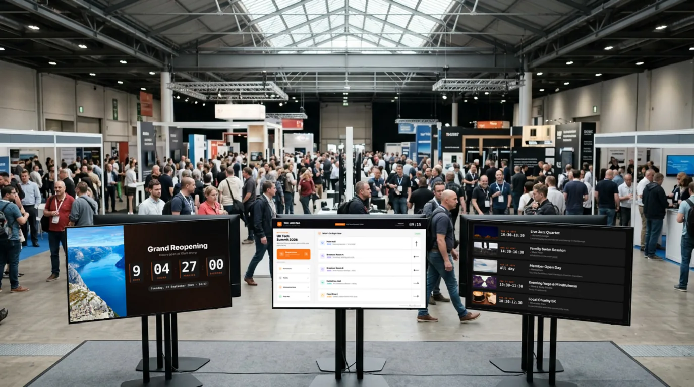 A busy exhibition hall with three NowBoard screens on stands, showing a countdown, a wayfinding Board and a schedule of sessions