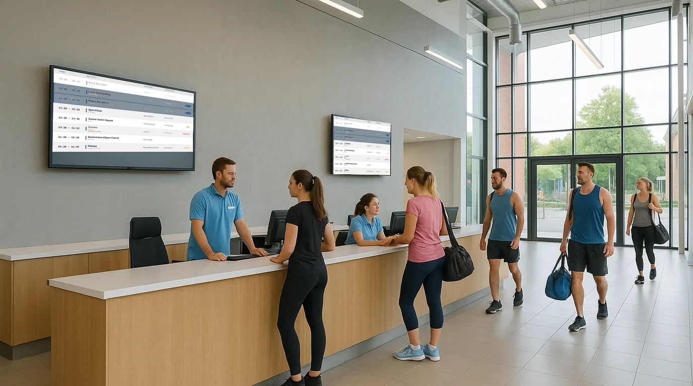 A NowBoard timetable screen in a leisure centre