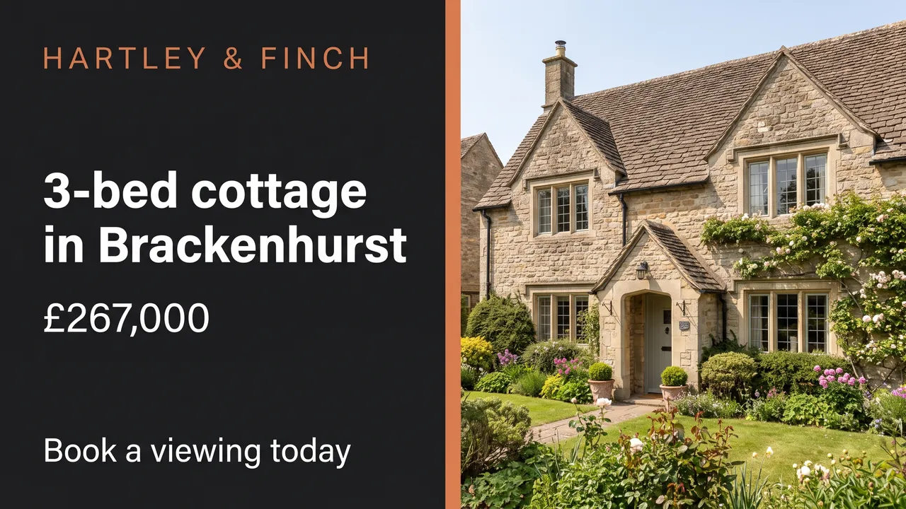 AI Designer design 1: a split-screen Board with the cottage photo, the headline 3-bed cottage in Brackenhurst, £267,000 and Book a viewing today