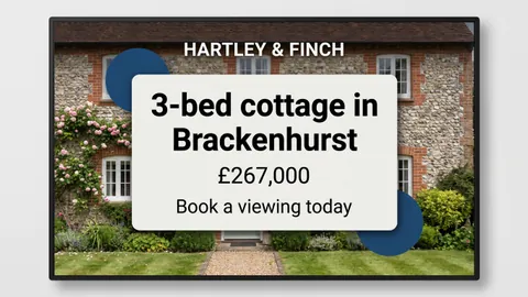 Design 3: a white card over a full photo of a cottage