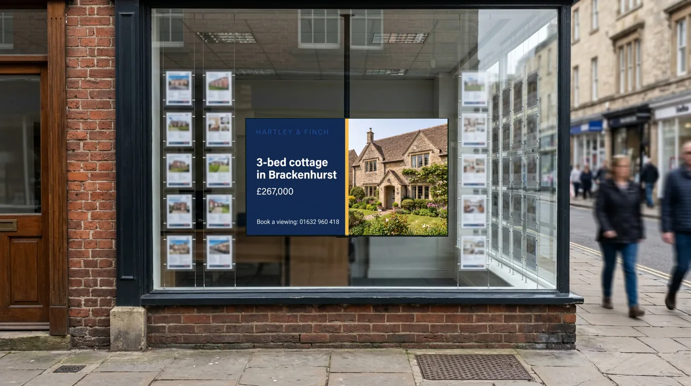 The finished Board on a TV in an estate agency window on a high street
