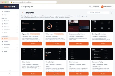 The Templates page in NowBoard: a grid of ready-made Board layouts, each with a preview, venue tags and a Use this button