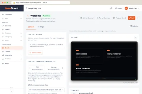 A Board open in NowBoard: Content and Settings tabs, the content it uses, and a preview of the Board as it plays on screen