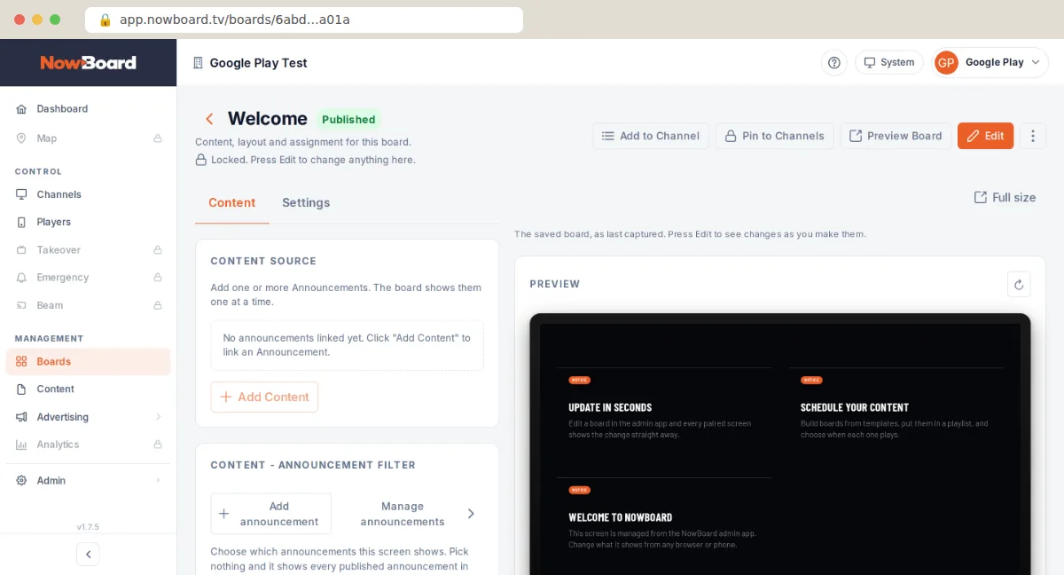 A Board open in NowBoard: Content and Settings tabs, the content it uses, and a preview of the Board as it plays on screen