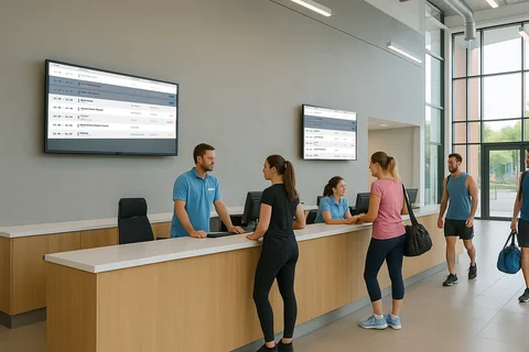Two wall-mounted screens in a leisure centre reception, both showing the day's timetable