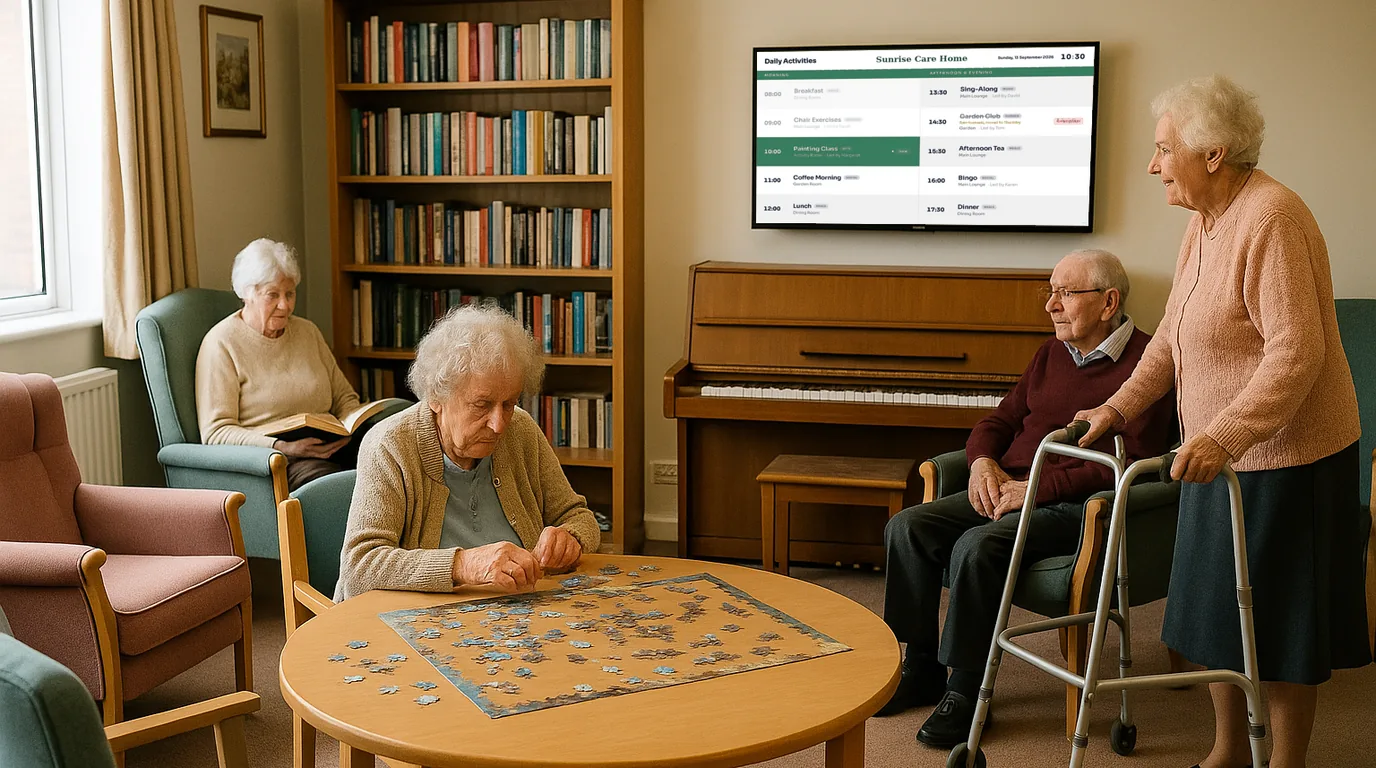 A NowBoard activity schedule screen in a care home lounge