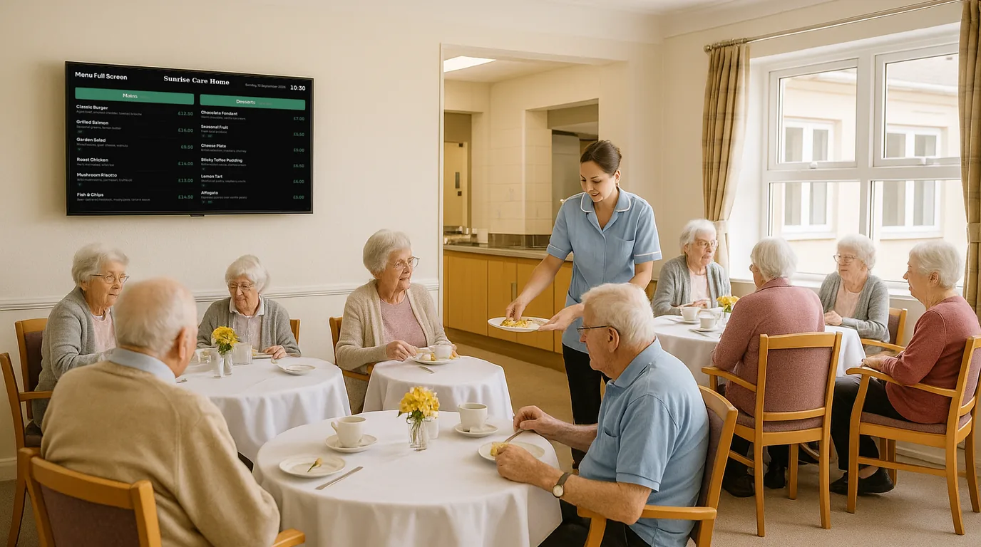 A menu on a NowBoard TV screen in a dining room