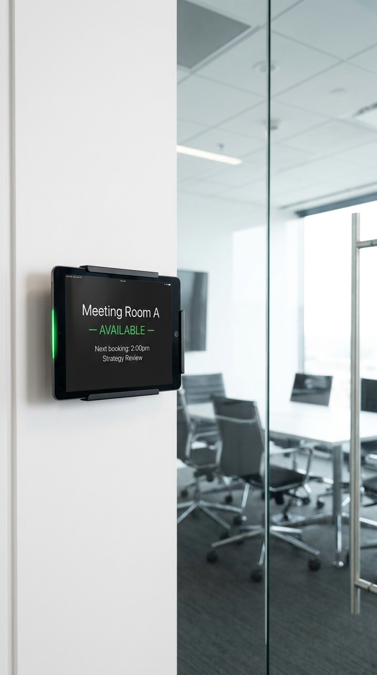 A NowBoard meeting room display tablet mounted on an office wall