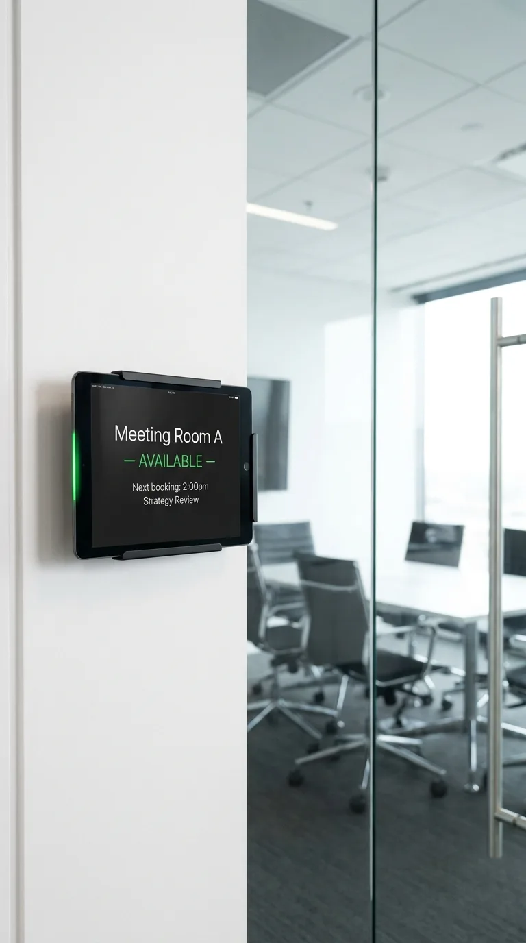 A NowBoard meeting room display tablet mounted beside a door
