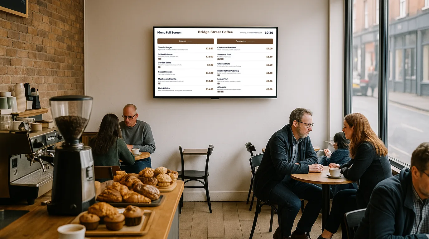 A NowBoard menu screen in a café