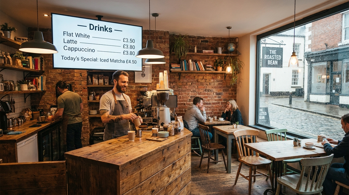 Café interior with digital menu board