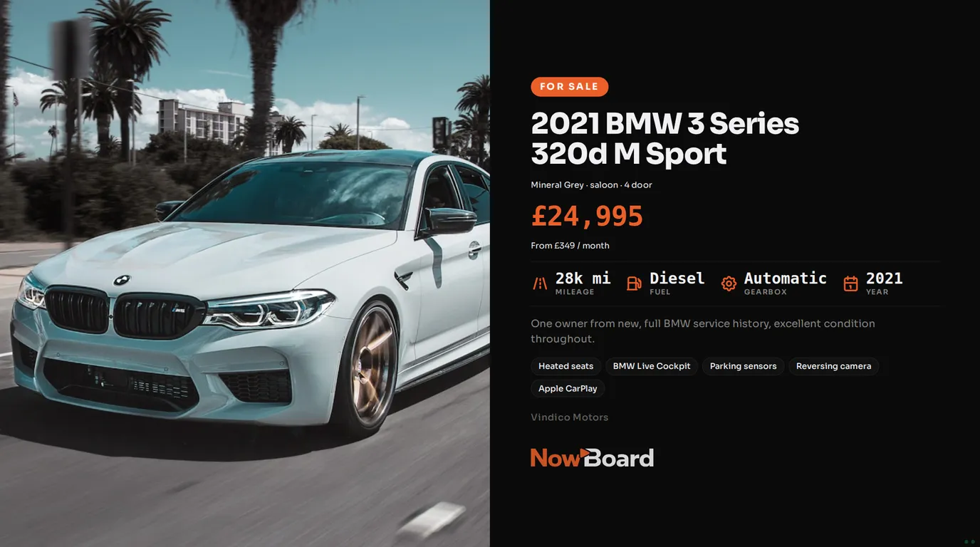 A NowBoard Vehicle Listing Board showing a car with its price and specs