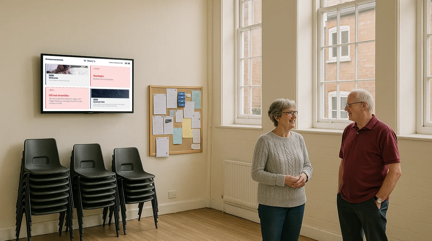 A NowBoard screen in a church hall