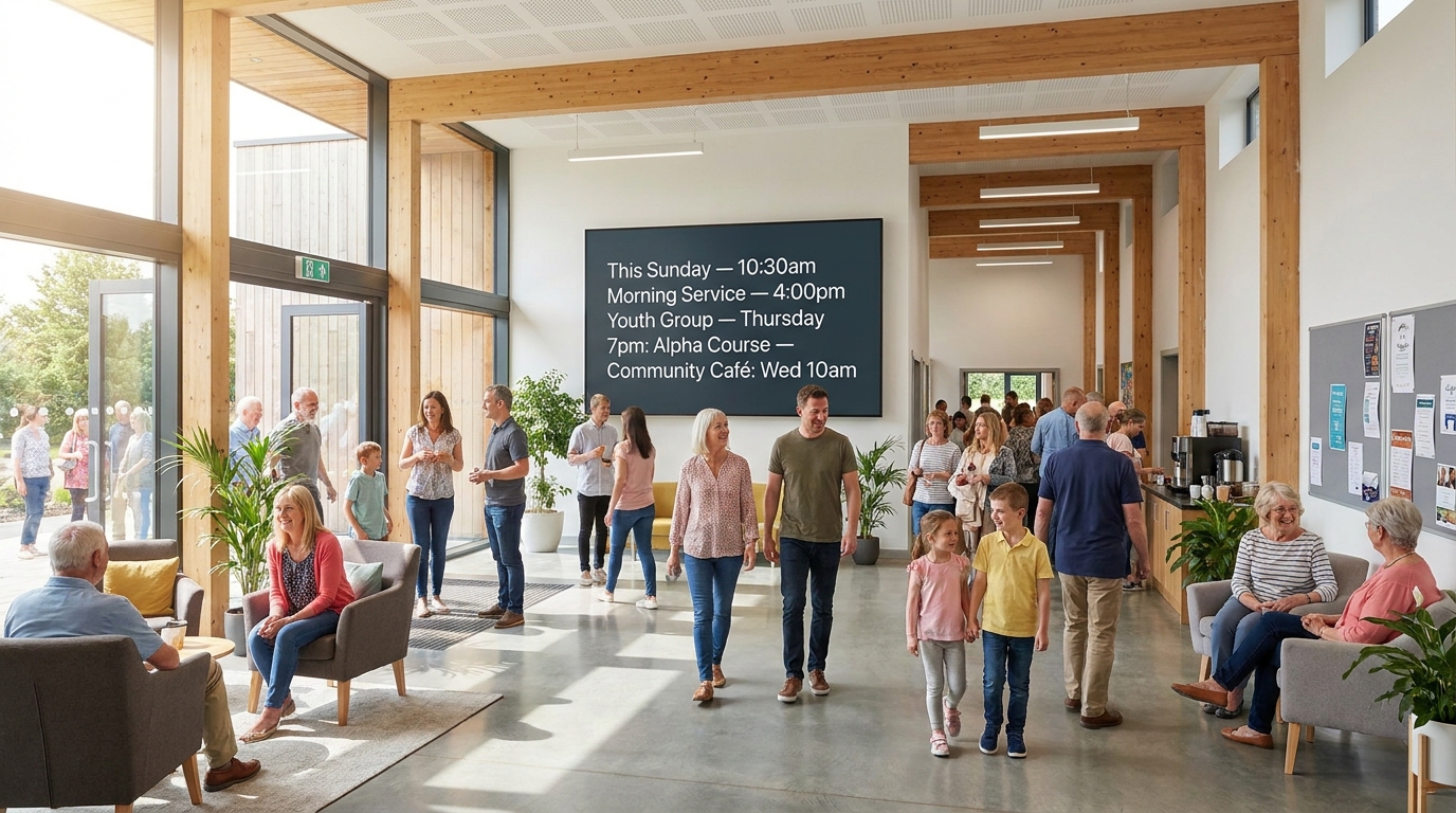 Church foyer with digital notice board