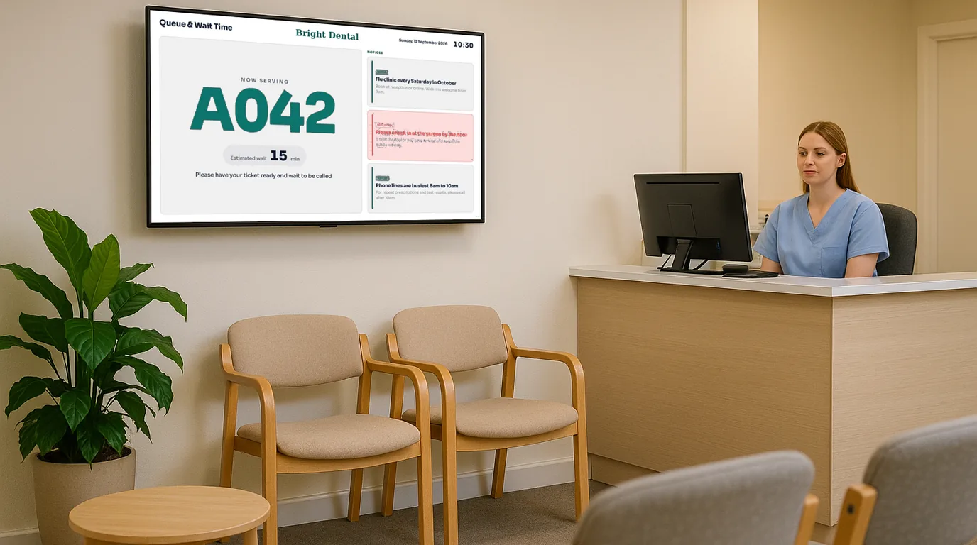 A NowBoard screen in a dental waiting room