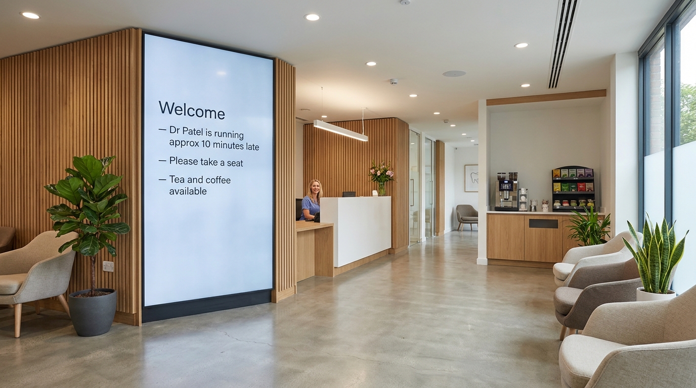 Dental waiting room with digital display