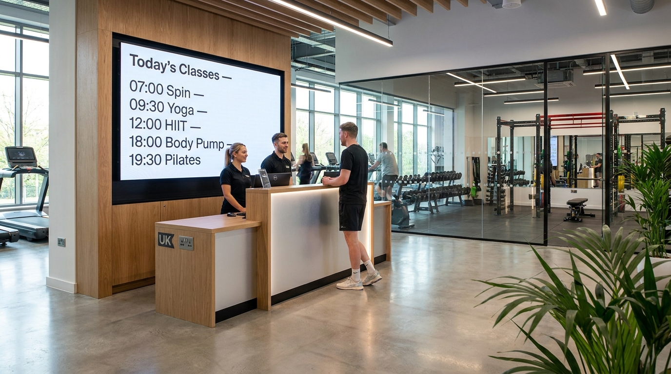 Gym reception with class timetable display