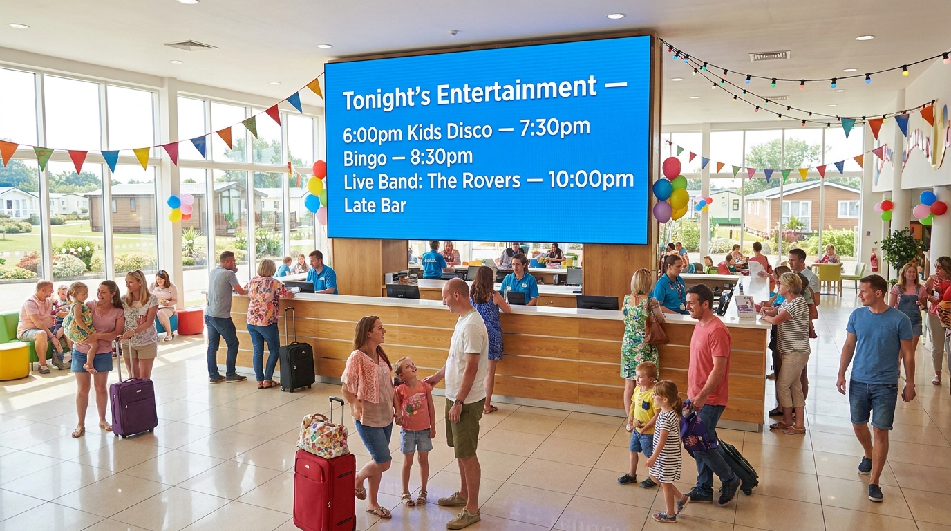 Holiday park with entertainment schedule display
