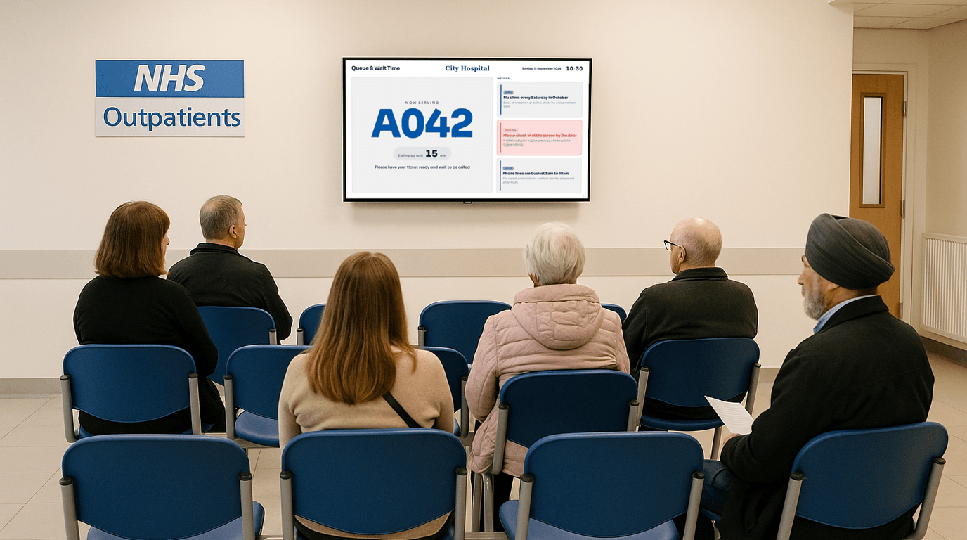 Queue and Wait Times on a NowBoard screen