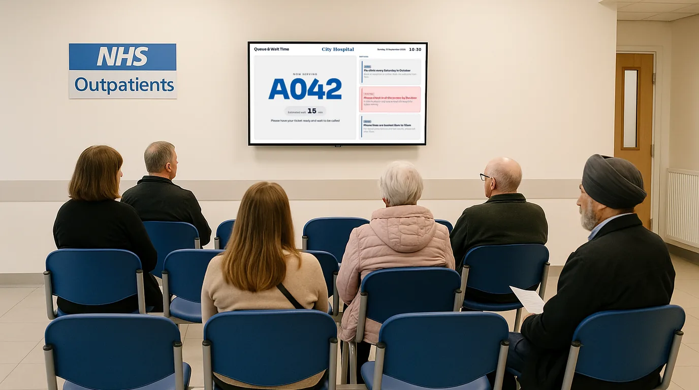 A NowBoard screen in a hospital waiting area