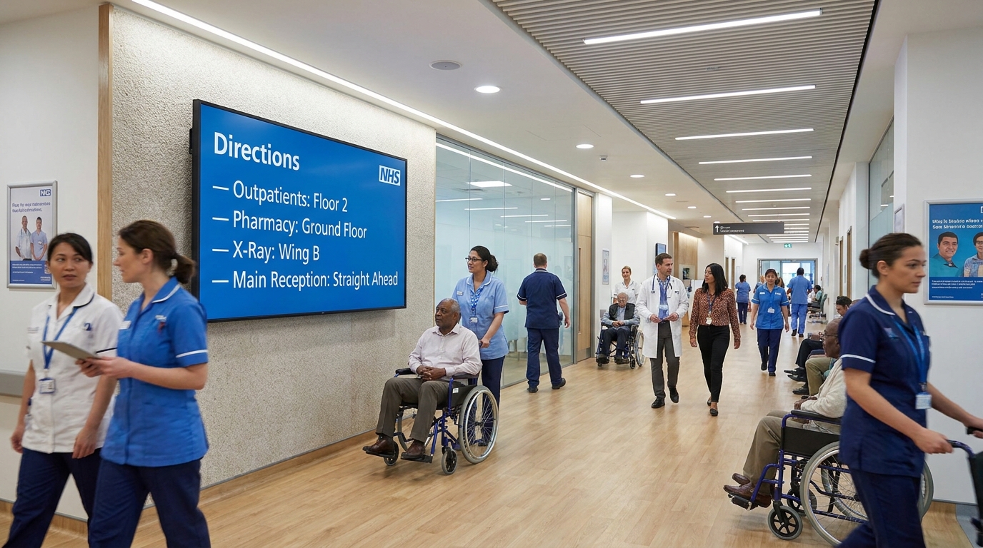 Hospital corridor with digital signage