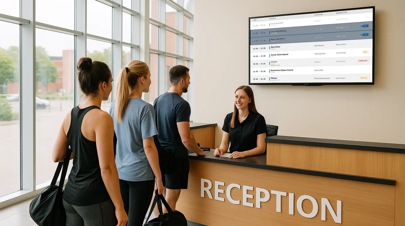Leisure centre with pool timetable display