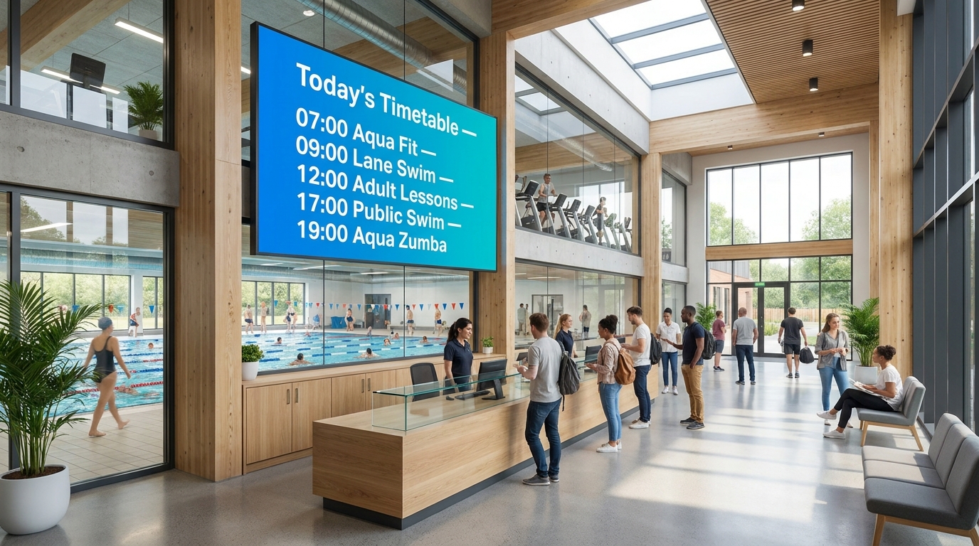 Leisure centre with pool timetable display