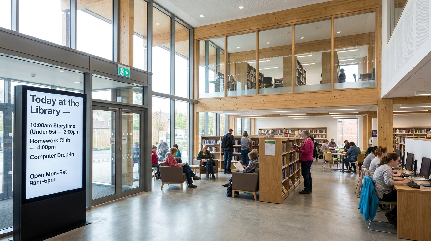 Library entrance with digital information display