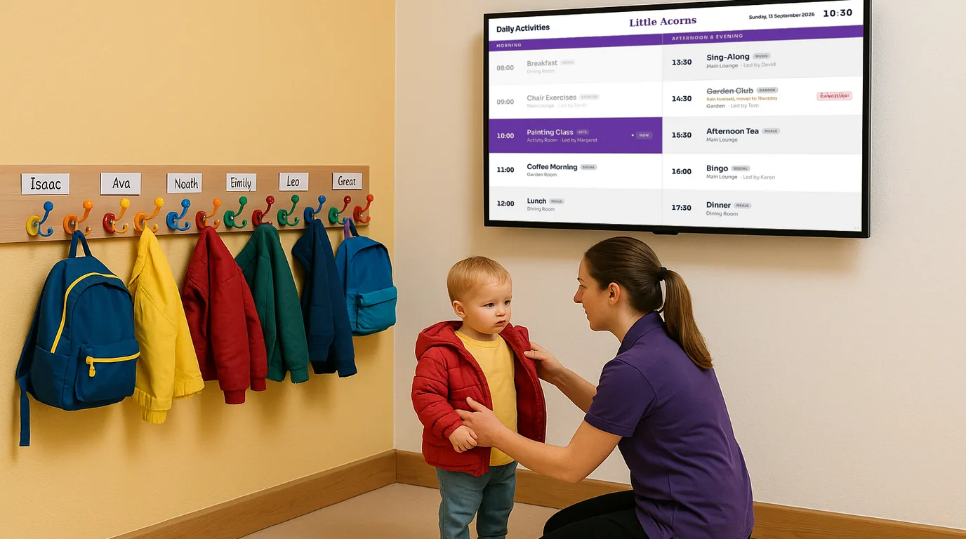 A NowBoard screen in a nursery entrance
