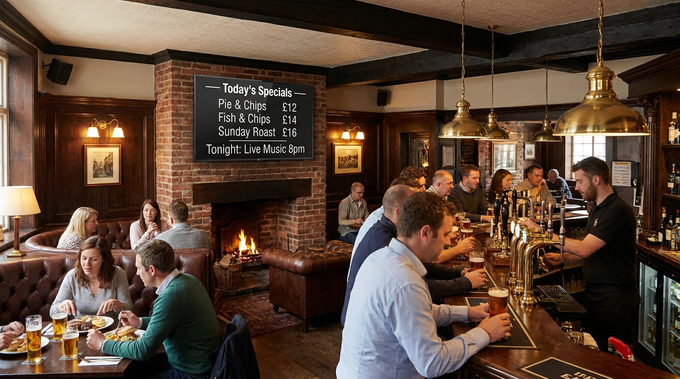 Pub interior with digital specials board