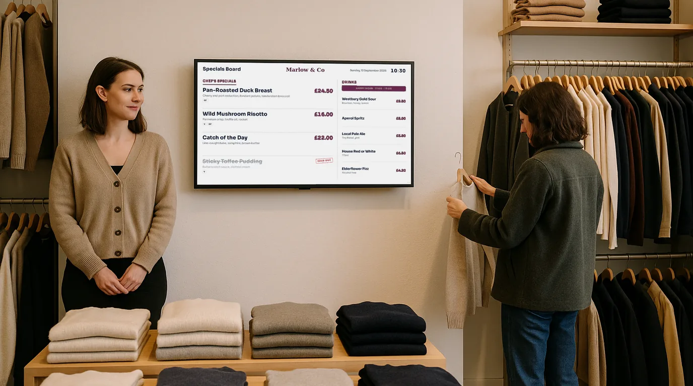 A NowBoard screen in a shop
