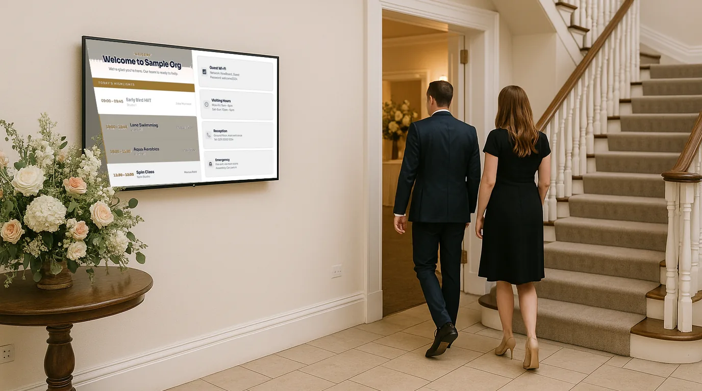A NowBoard welcome screen at a wedding venue