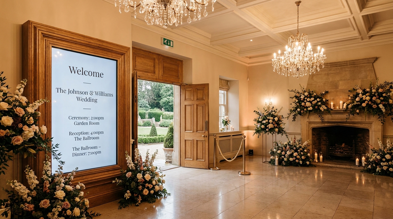 Elegant wedding venue with digital welcome screen