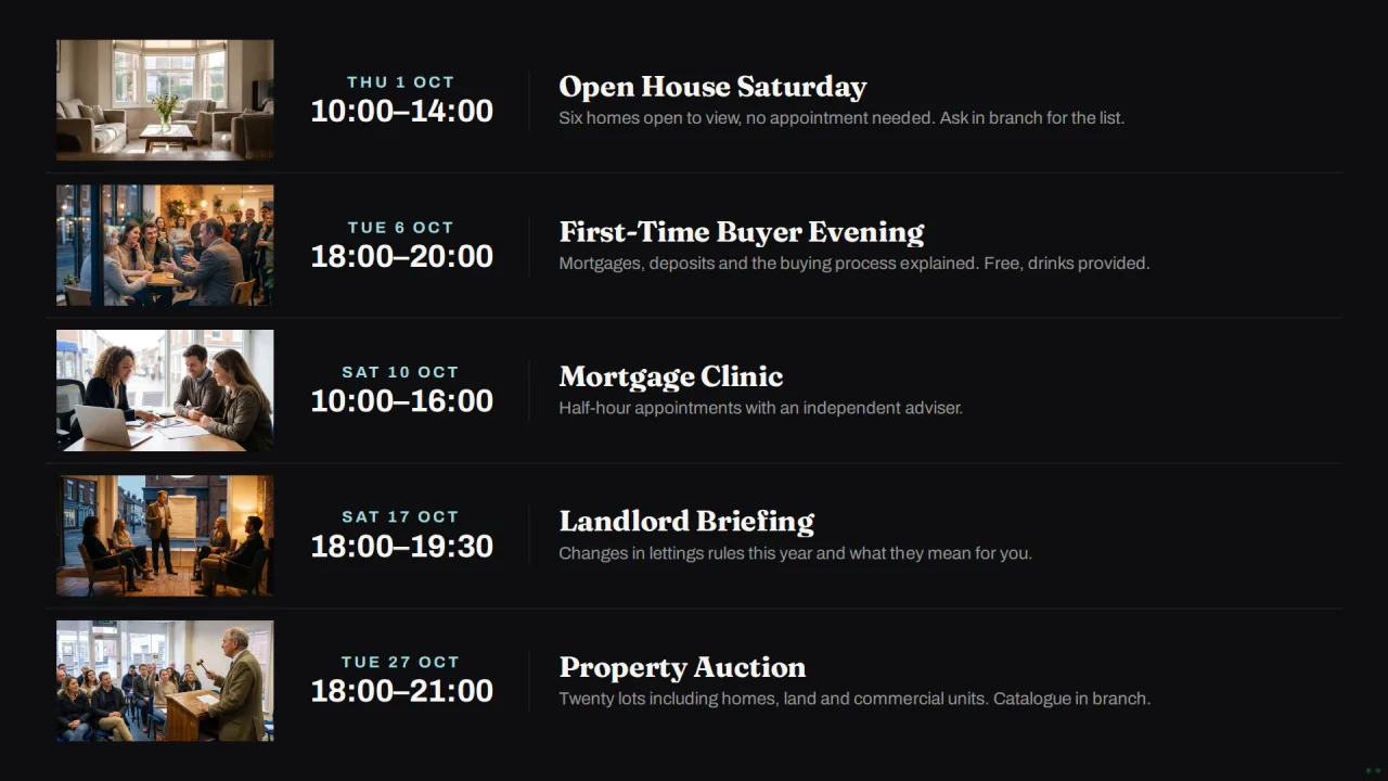 Estate agent Board listing upcoming events