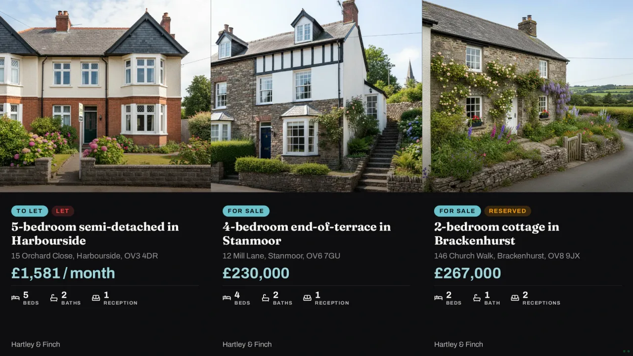 Estate agent Board with three property listings