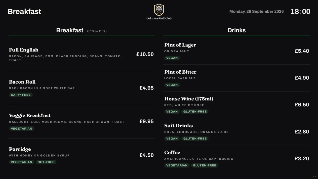 Golf club clubhouse menu and drinks Board