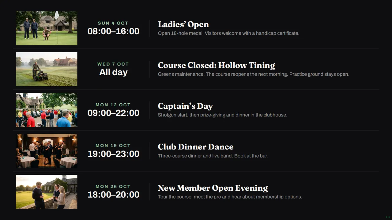 Golf club Board listing club events