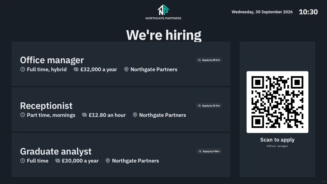 Office Board listing job vacancies with a QR code