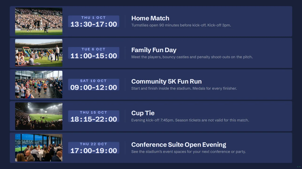 Stadium Board listing upcoming events