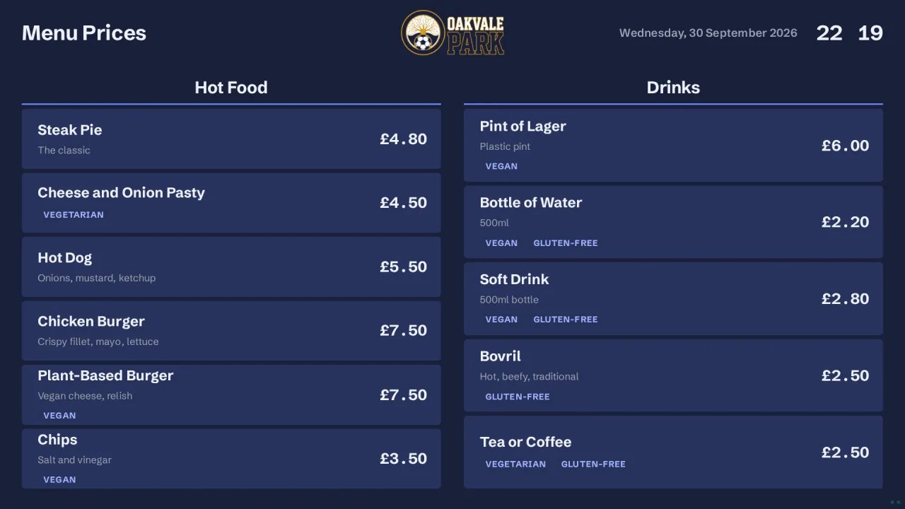 Stadium food and drink price Board