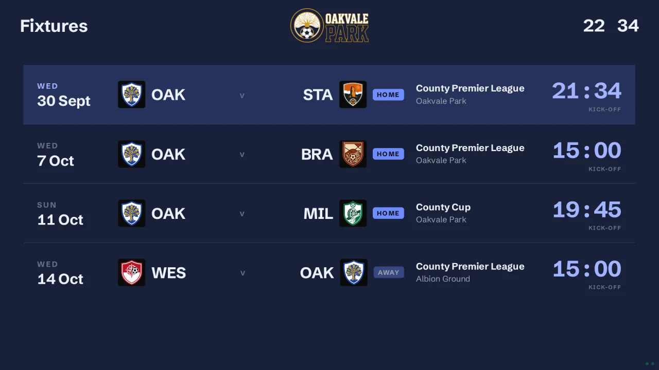 Stadium Board listing upcoming fixtures