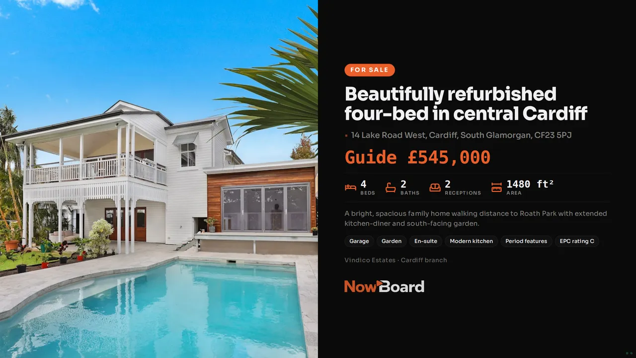Property Listing Board showing one home for sale with its photo, guide price, bedrooms and features