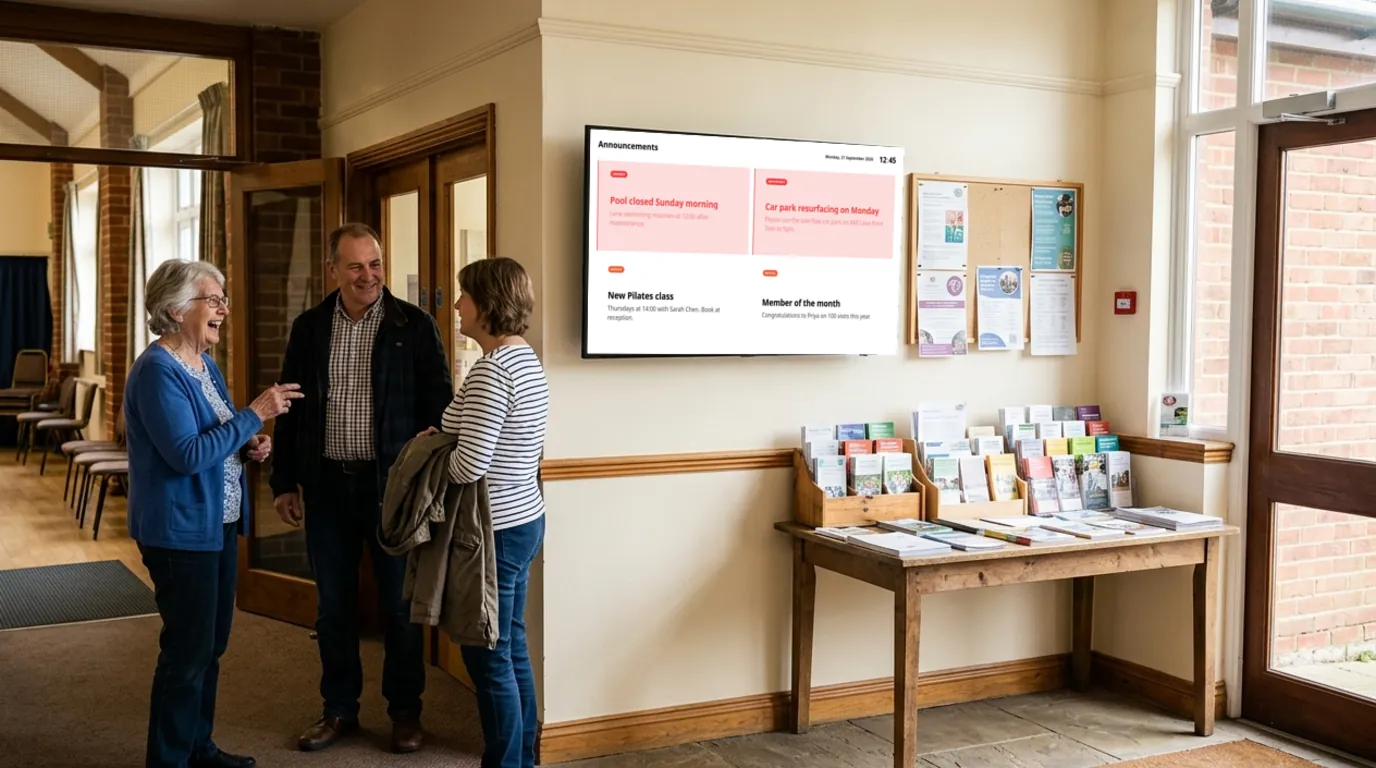 An announcements Board on a TV in the foyer of a community hall