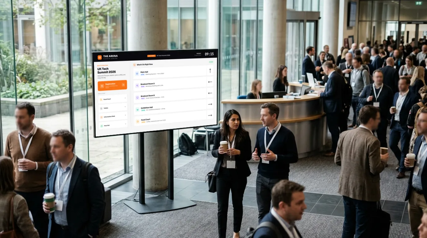 An event wayfinding Board on a screen on a floor stand in a busy conference foyer